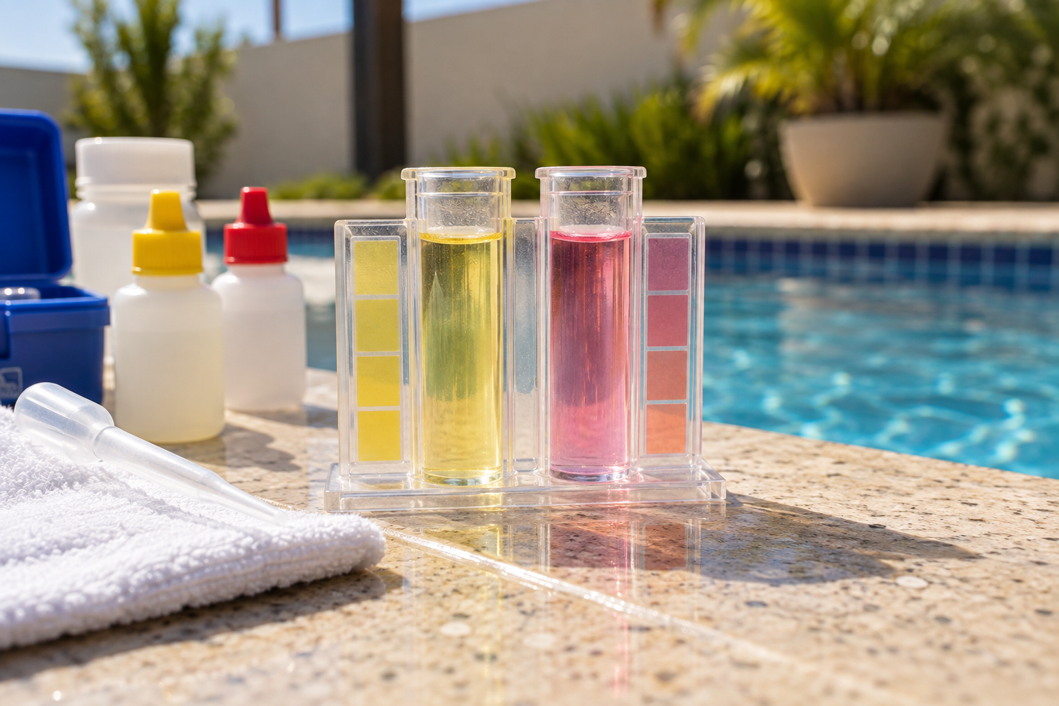 Kit comparador com tubos de teste para analisar a água da piscina ao lado da borda