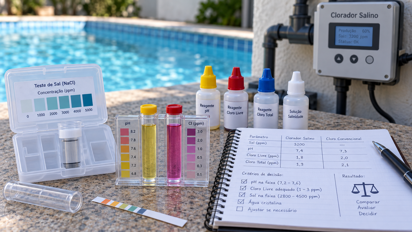 Kit de teste de salinidade, cloro e pH usado para avaliar uma piscina de sal
