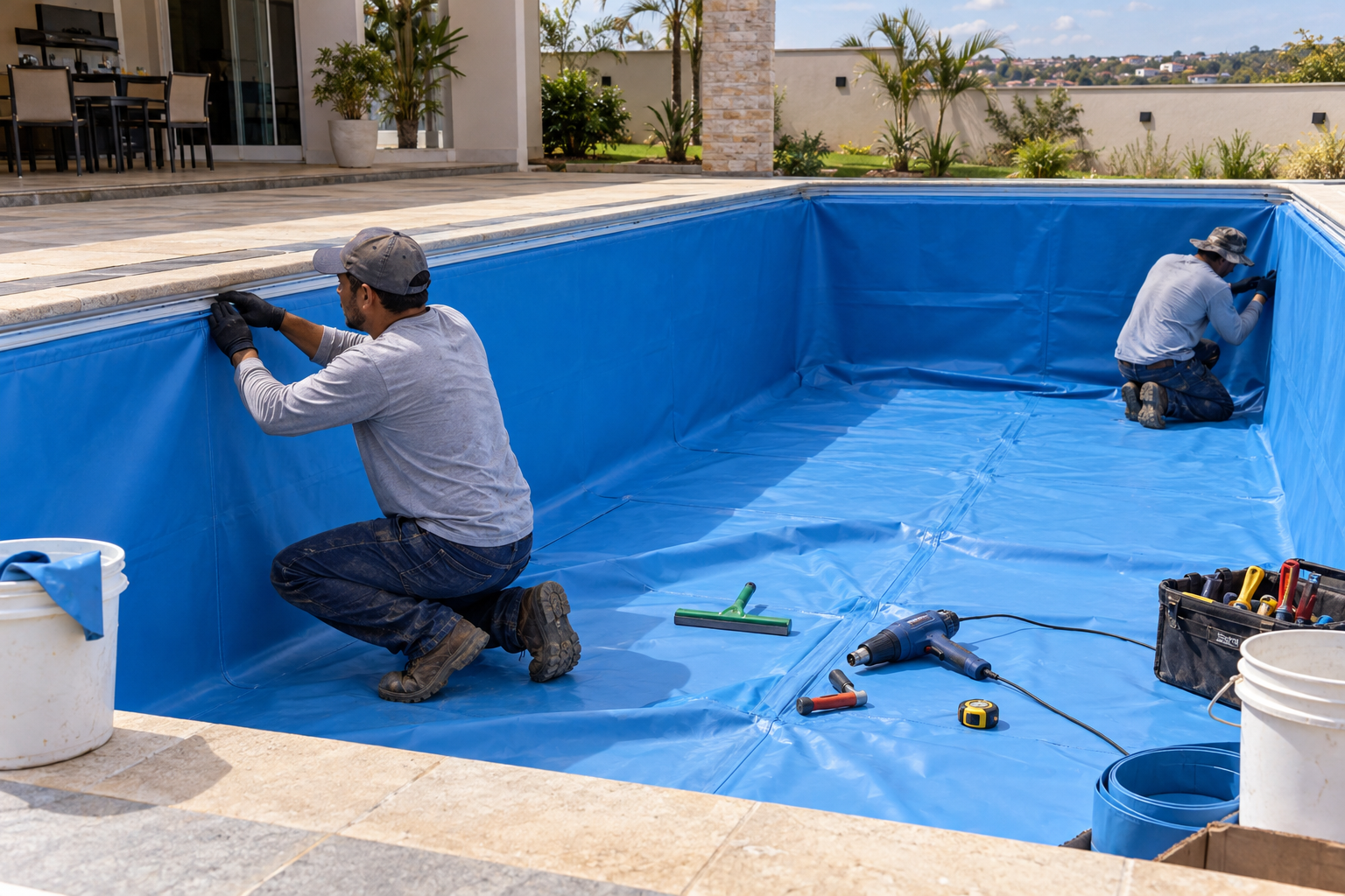 Dois técnicos instalando revestimento vinílico azul em piscina residencial vazia