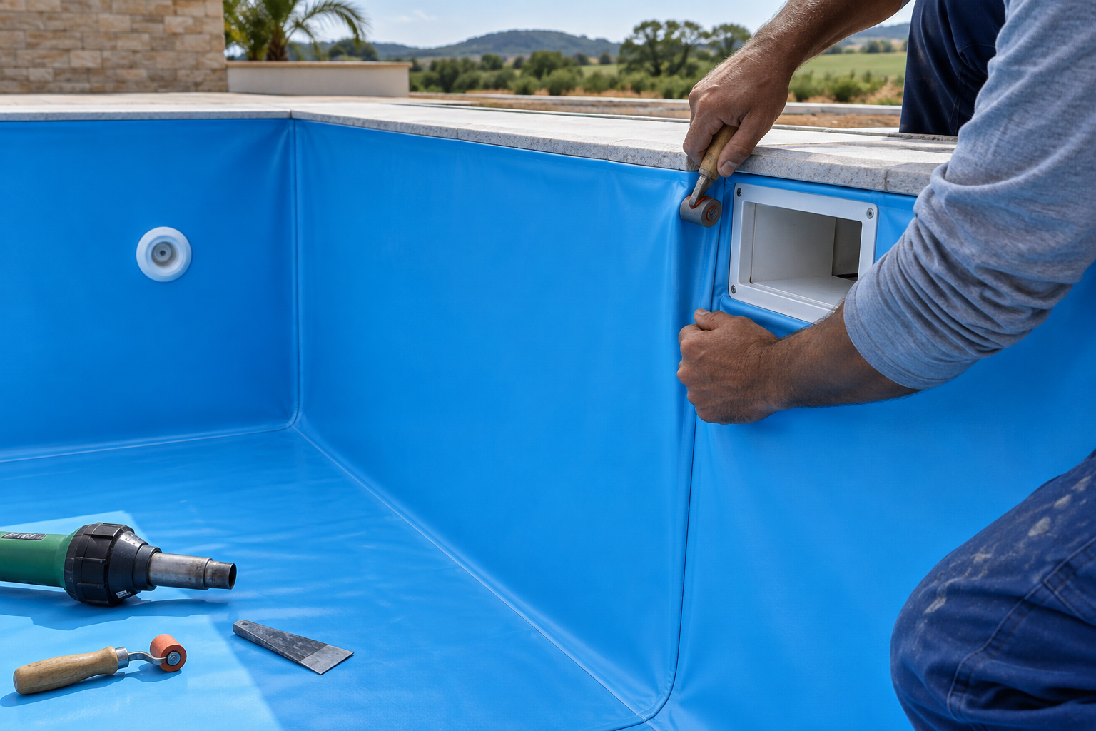 Profissional ajustando e conferindo o acabamento do vinil azul em uma piscina durante reforma