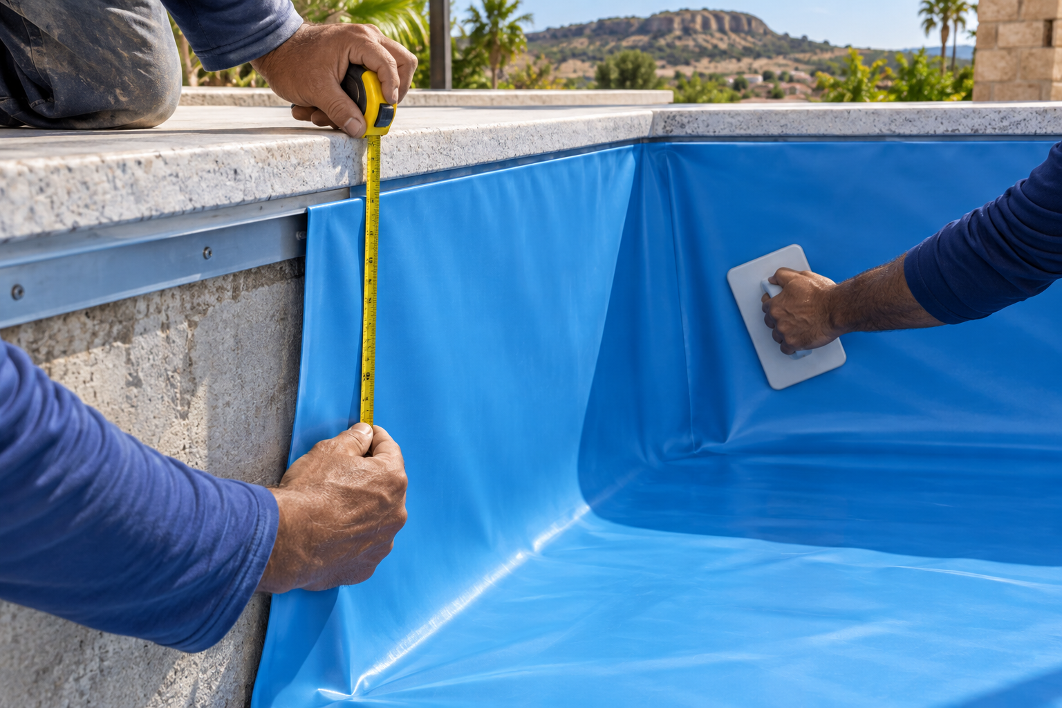 Técnico medindo revestimento vinílico azul durante troca de vinil de piscina em obra