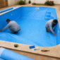 Técnicos ajustando um bolsão de vinil azul em piscina durante serviço de troca de revestimento