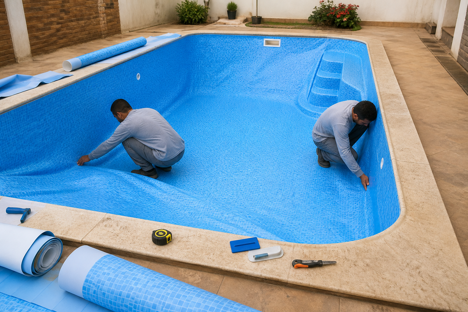 Técnicos ajustando um bolsão de vinil azul em piscina durante serviço de troca de revestimento