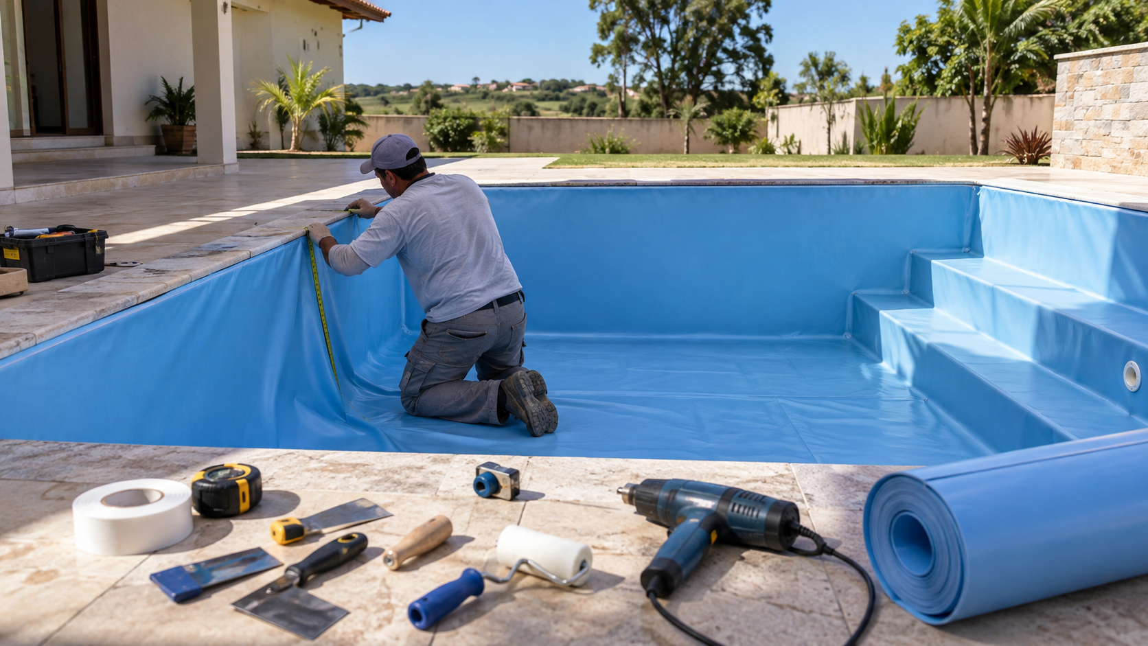 Profissional ajustando revestimento de vinil azul em piscina residencial durante a instalação