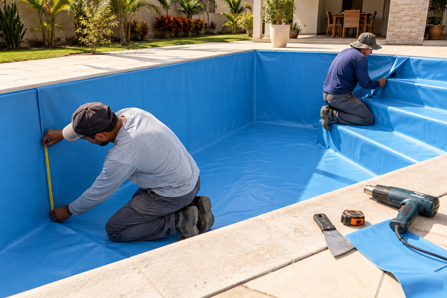 Dois profissionais instalando revestimento vinílico azul em piscina residencial vazia