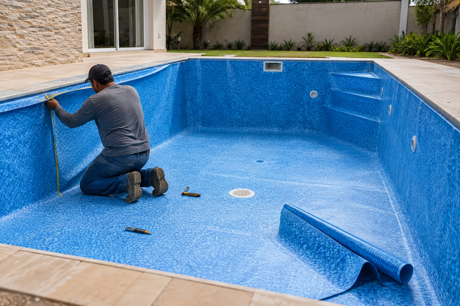 Técnico medindo e ajustando o revestimento de vinil azul dentro de uma piscina em reforma