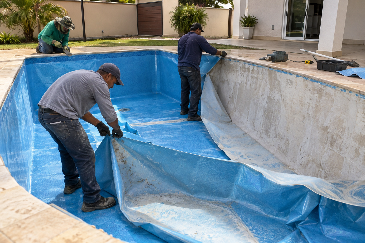 Remoção técnica do vinil antigo de uma piscina para substituição