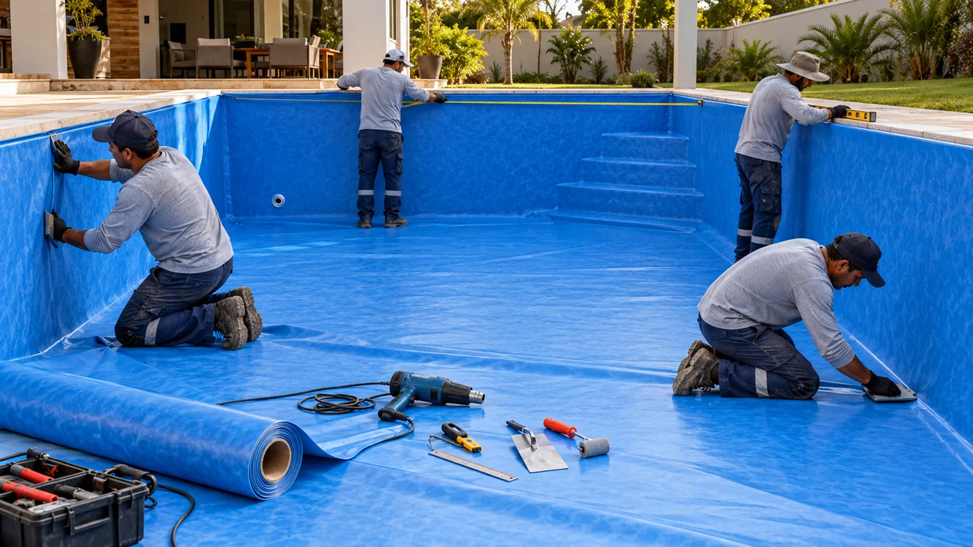 Técnico ajustando revestimento de vinil em piscina residencial no Jardim dos Eucaliptos, Aparecida de Goiânia