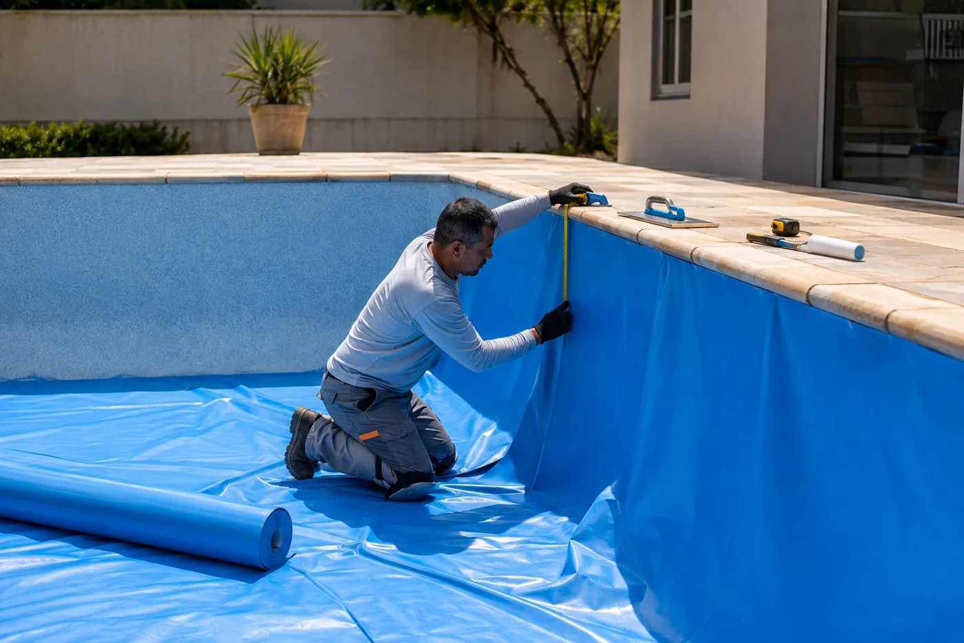 Técnico medindo o vinil de uma piscina durante a troca no Parque Tremendão, Goiânia