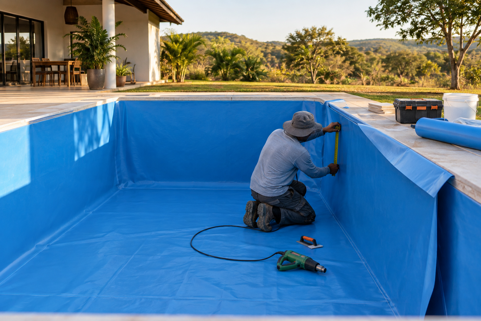Profissional medindo e ajustando revestimento de vinil em piscina em Santo Antônio da Barra