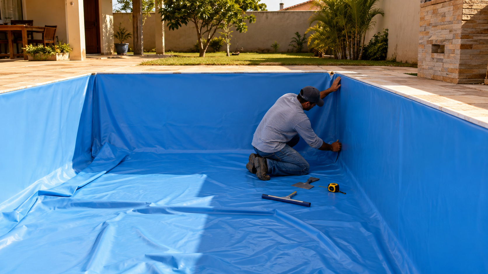 Dois técnicos instalando revestimento vinílico azul em piscina residencial vazia