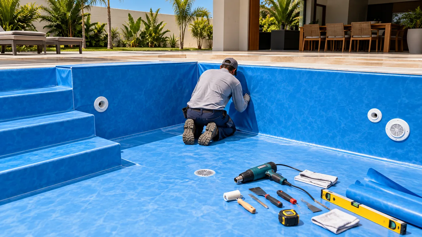Revestimento de vinil sendo instalado em piscina residencial no Vila Concórdia, Goiânia
