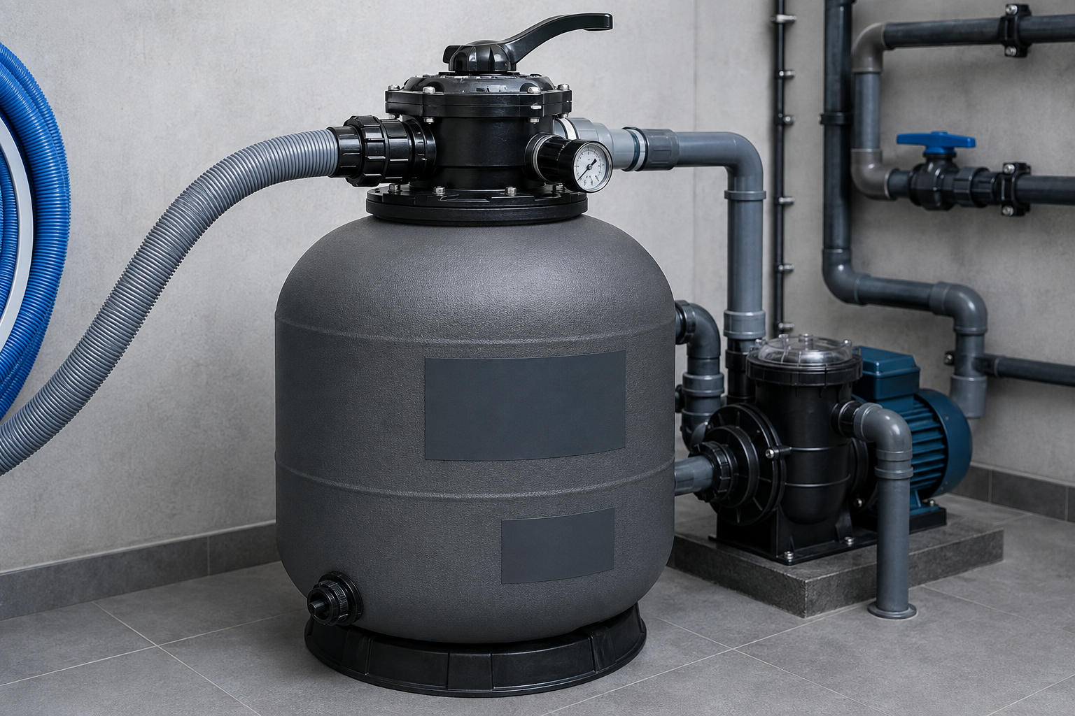 Válvula multivias instalada sobre filtro de piscina em casa de máquinas.