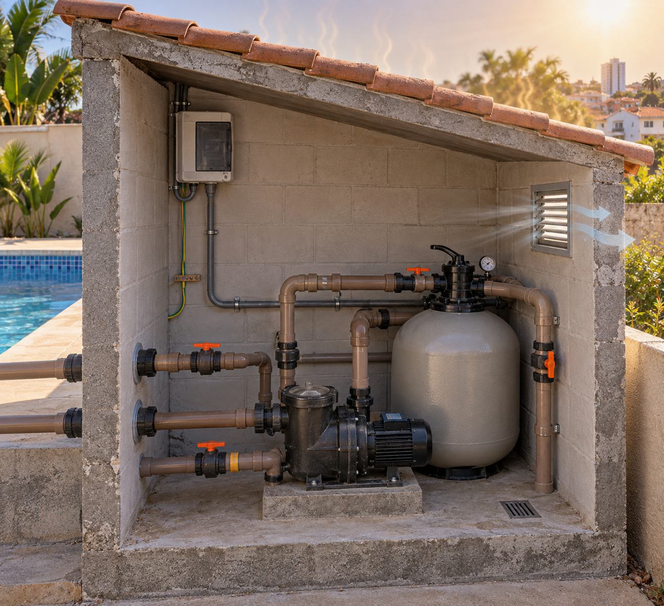 Bomba e filtro de piscina em compartimento técnico com grelha de ventilação e indicação de circulação de ar