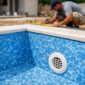 Profissional conferindo medidas e acabamento de uma piscina com revestimento vinílico.