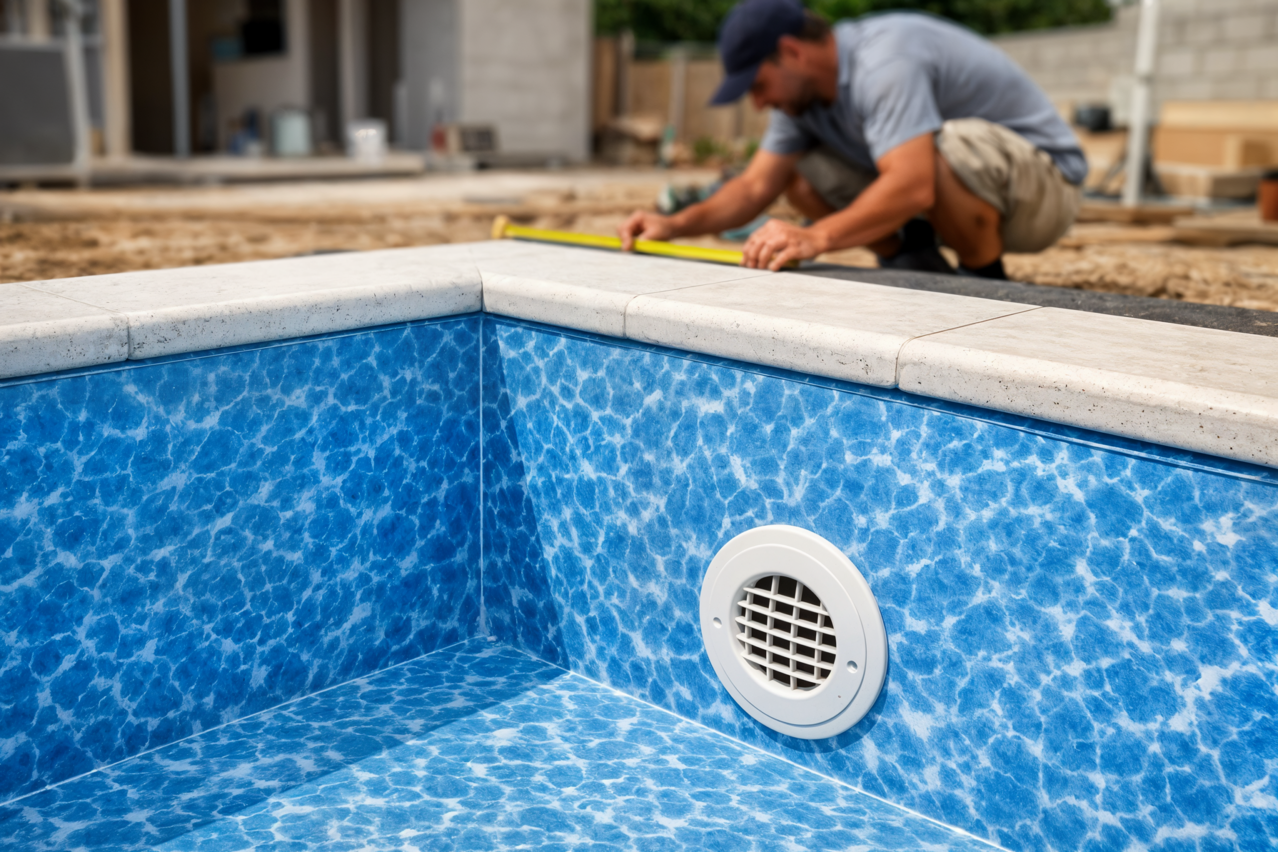 Profissional conferindo medidas e acabamento de uma piscina com revestimento vinílico.
