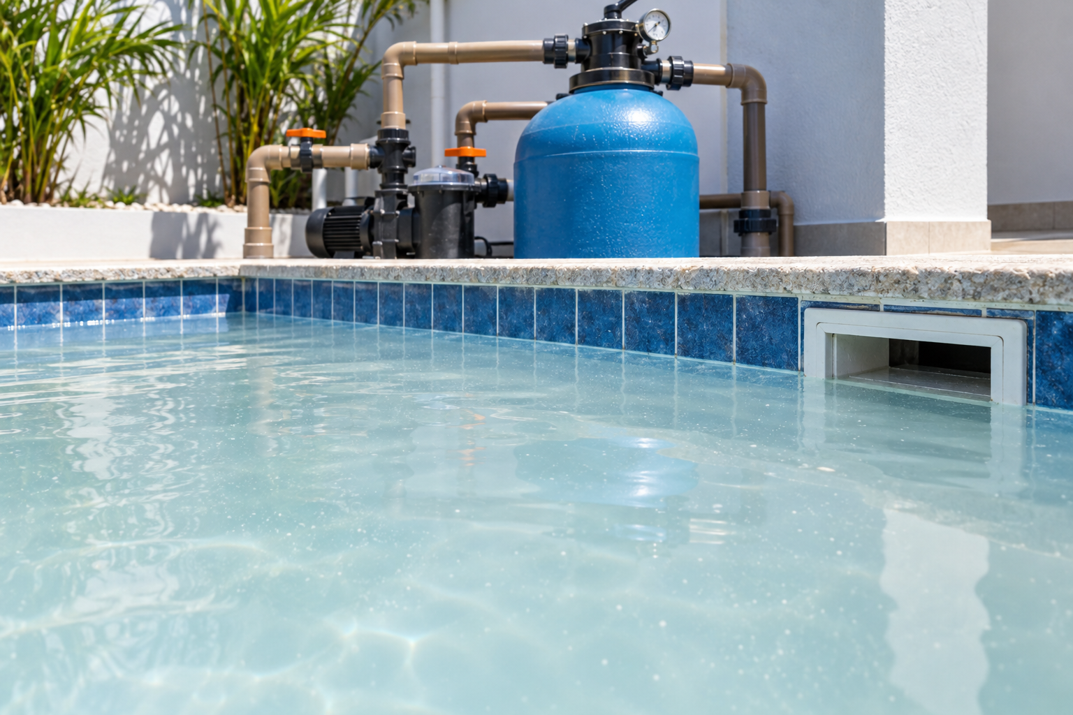 Água leitosa e turva na piscina com filtro de areia, bomba, manômetro e skimmer visíveis.