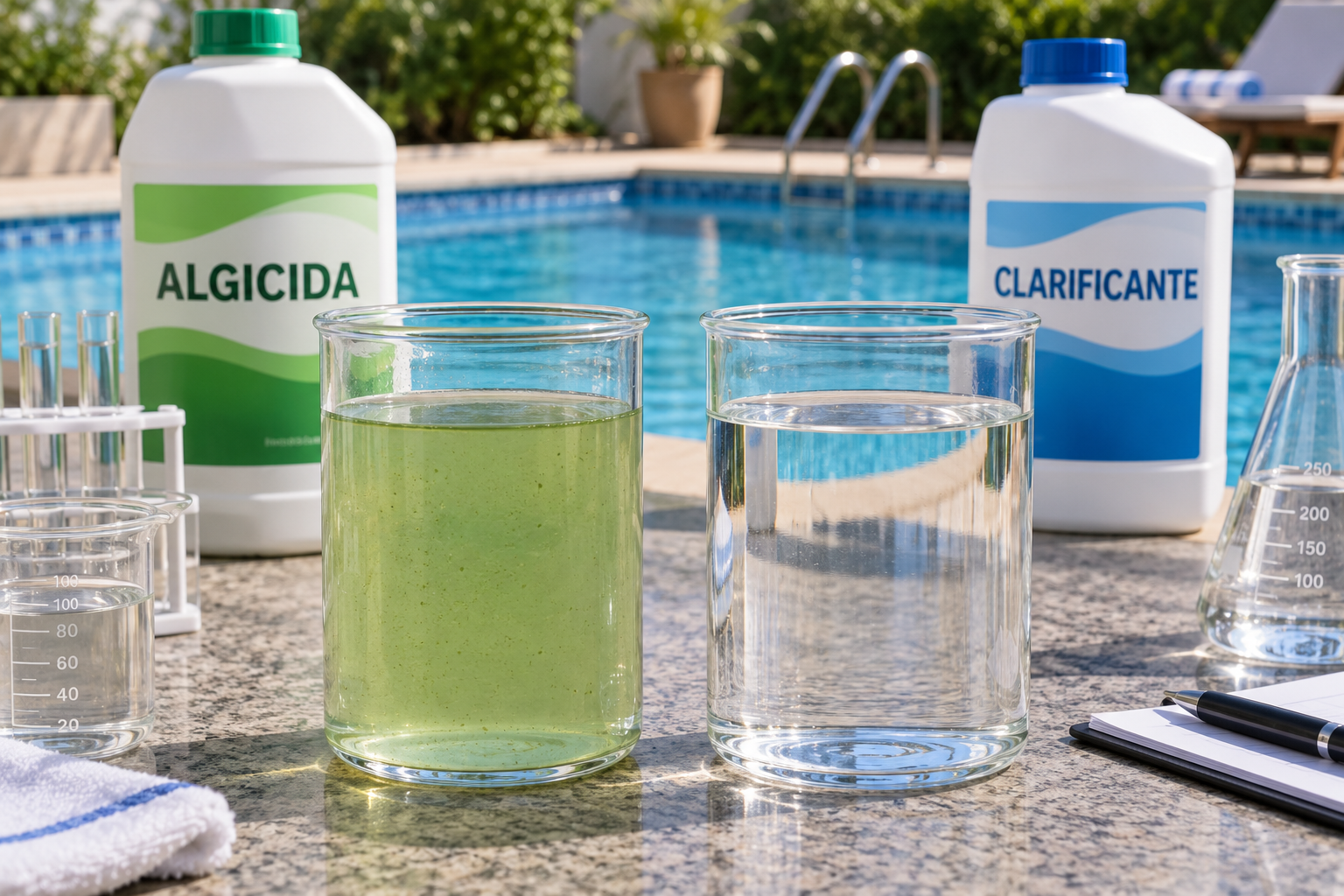 Comparação visual entre água de piscina turva e água clarificada, com algicida e clarificante ao fundo.
