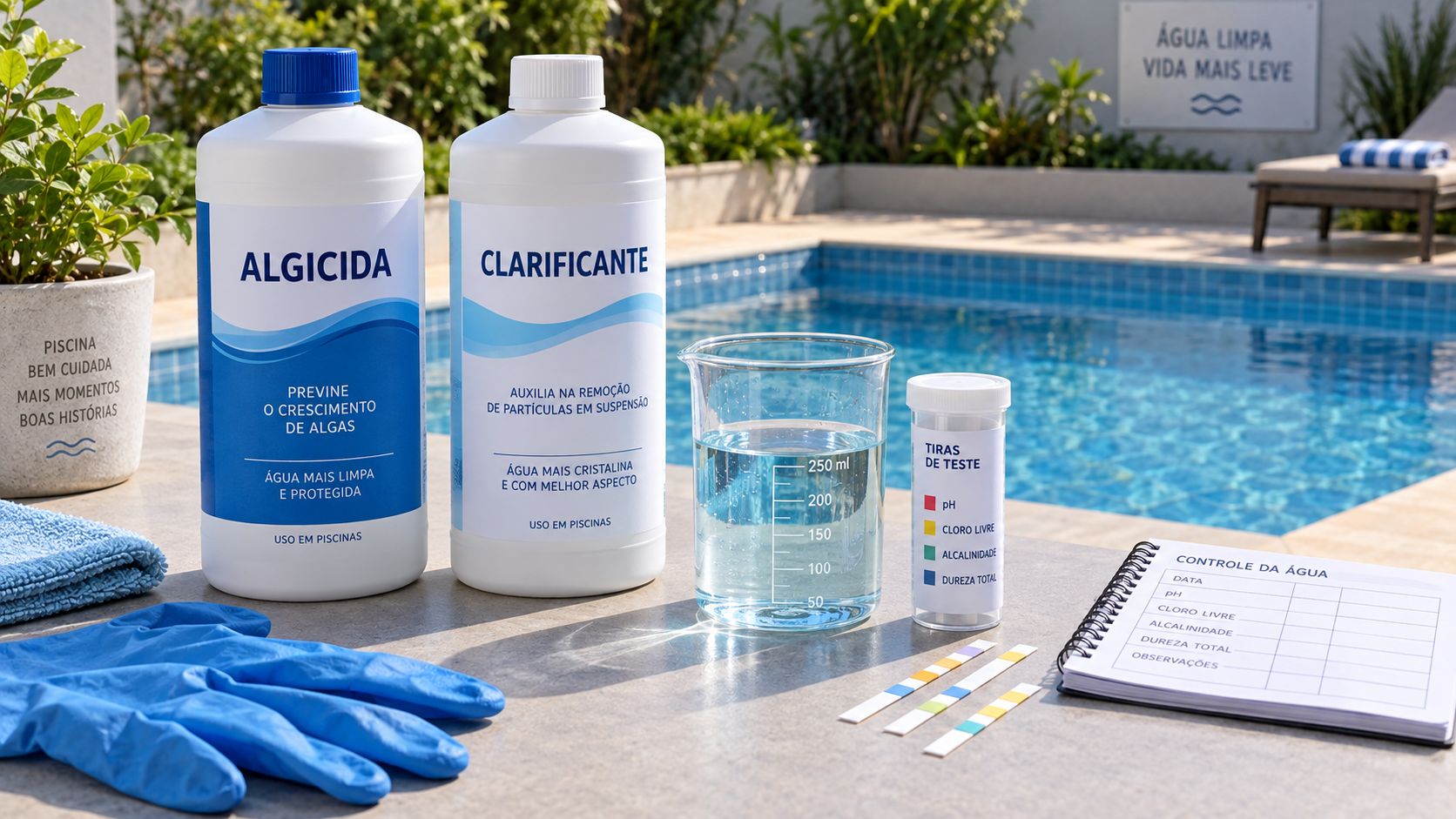Algicida e clarificante para piscina lado a lado, com recipiente de teste e tiras de medição da água.