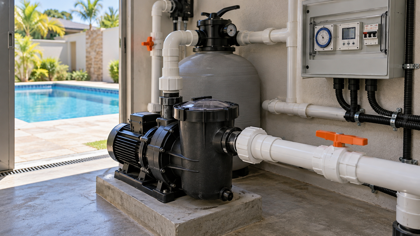 Bomba de piscina, filtro e painel com timer em casa de máquinas em Goiânia.