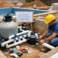 Filtro de areia, bomba, registros e tubulações instalados em casa de máquinas de piscina