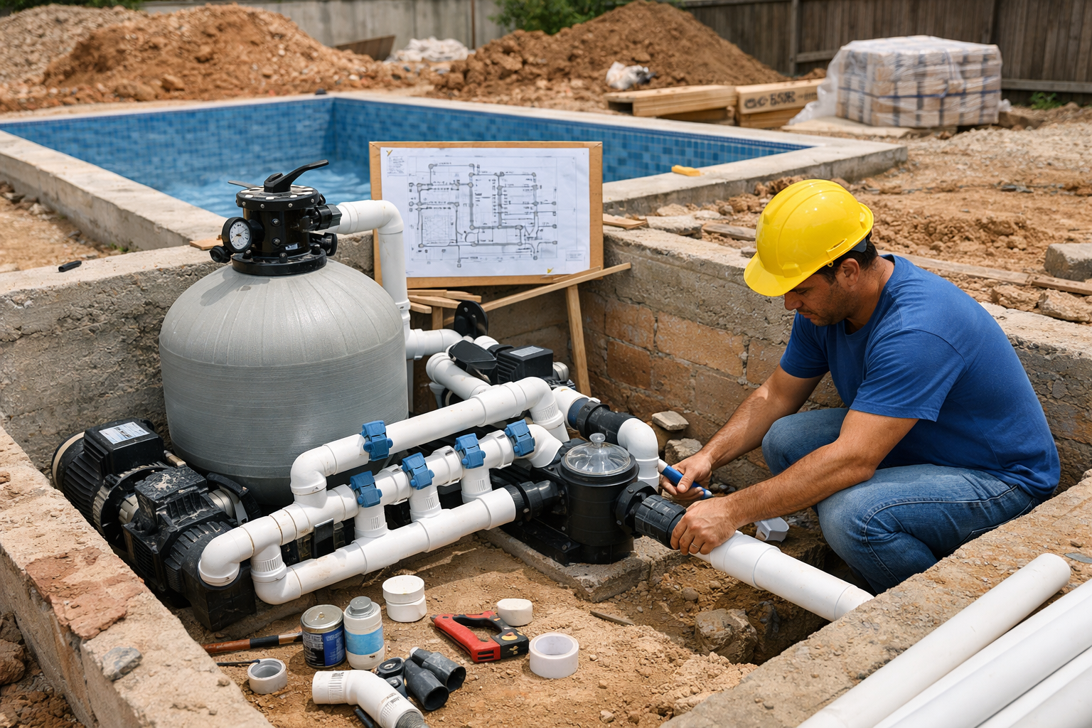 Filtro de areia, bomba, registros e tubulações instalados em casa de máquinas de piscina