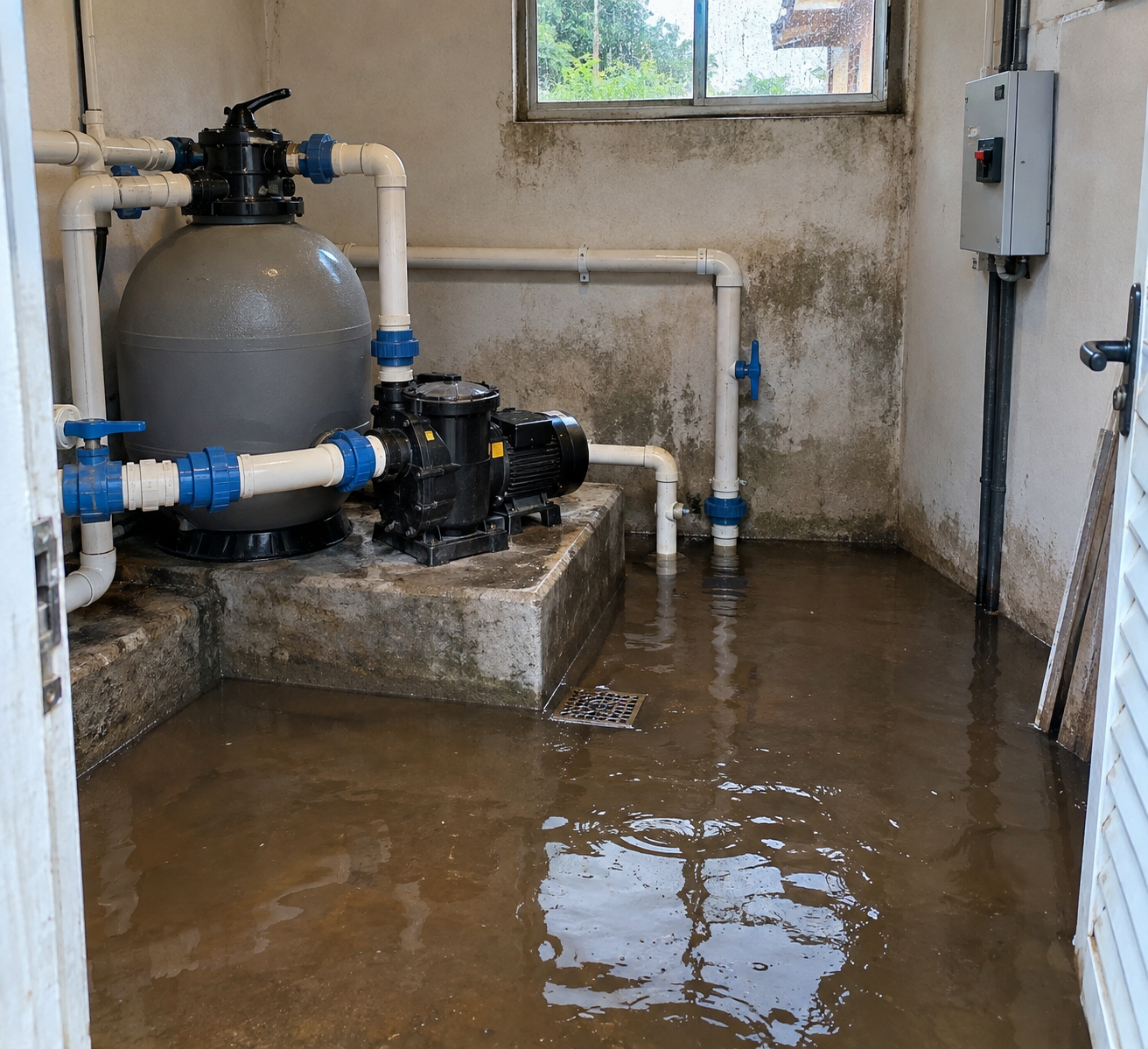 Casa de máquinas de piscina inundada com bomba, filtro, tubulações e água no piso.