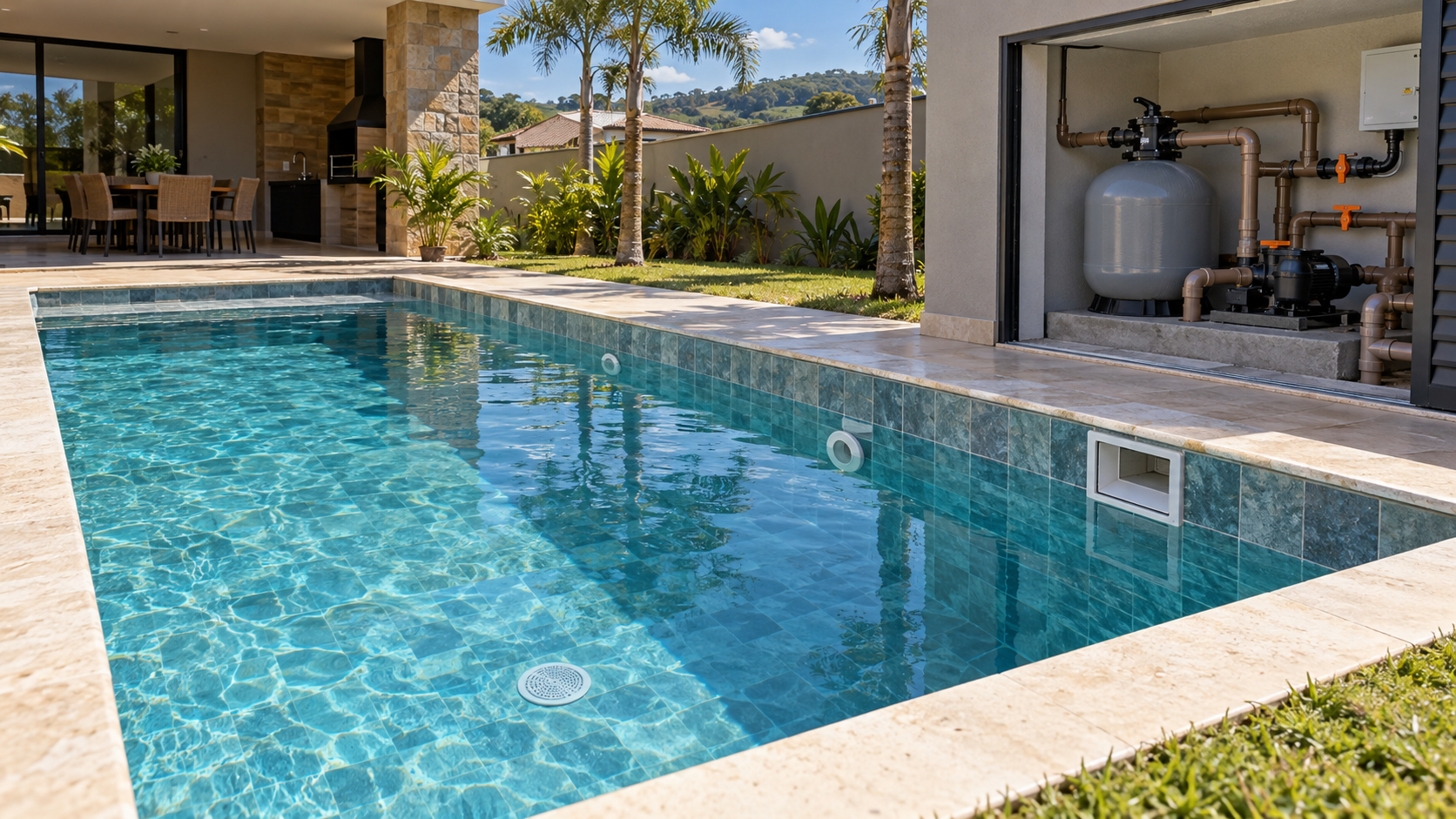 Filtro, bomba e tubulações de casa de máquinas de piscina em Santa Isabel