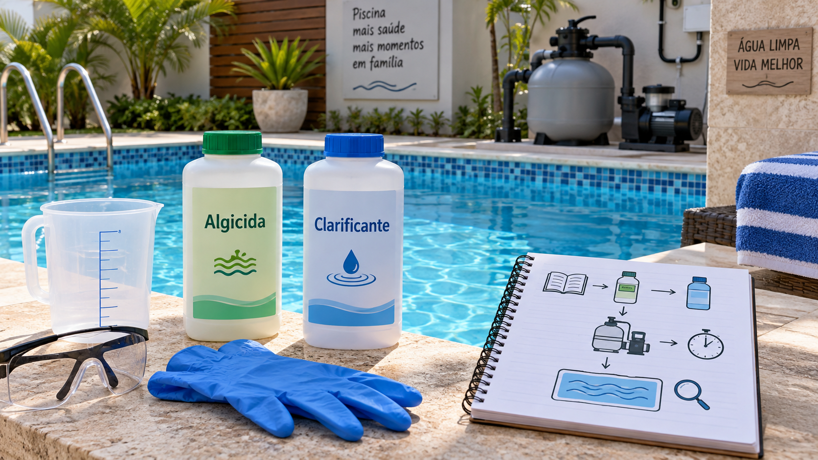 Medição segura de algicida e clarificante para piscina, com filtro, luvas e óculos de proteção.