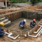 Obra residencial de construção de piscina com armação de aço, formas, tubulações e trabalhadores usando capacete
