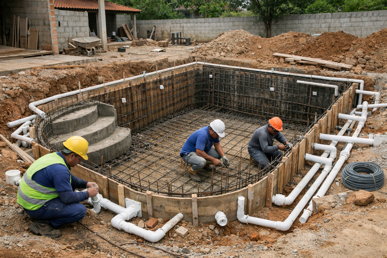 Obra residencial de construção de piscina com armação de aço, formas, tubulações e trabalhadores usando capacete