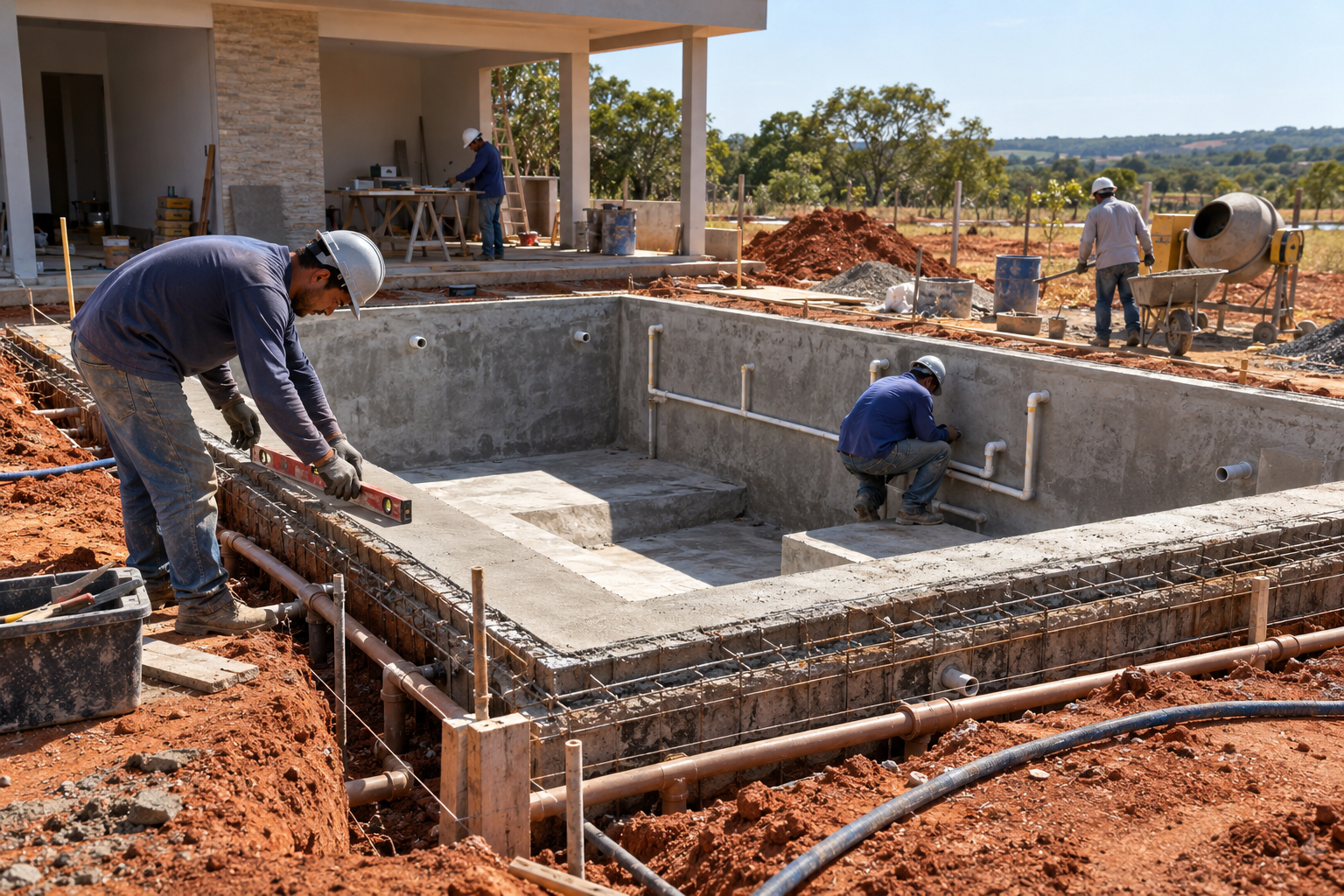 Equipe técnica construindo piscina de alvenaria com tubulação hidráulica e conferência de nível