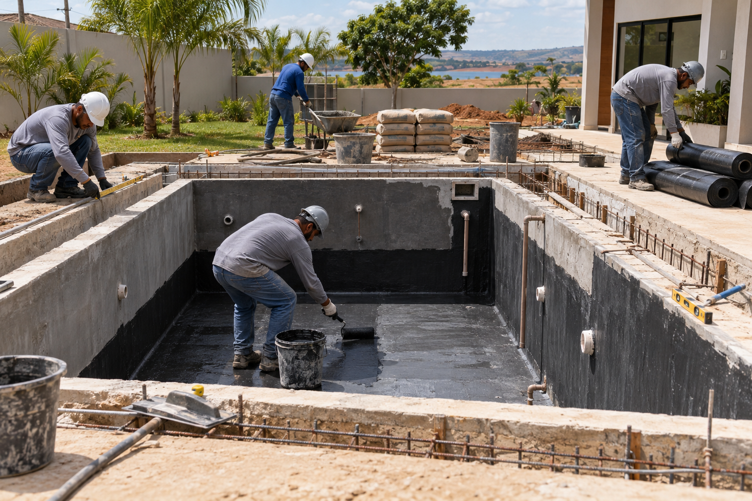 Obra de piscina de alvenaria com estrutura e impermeabilização em Inaciolândia