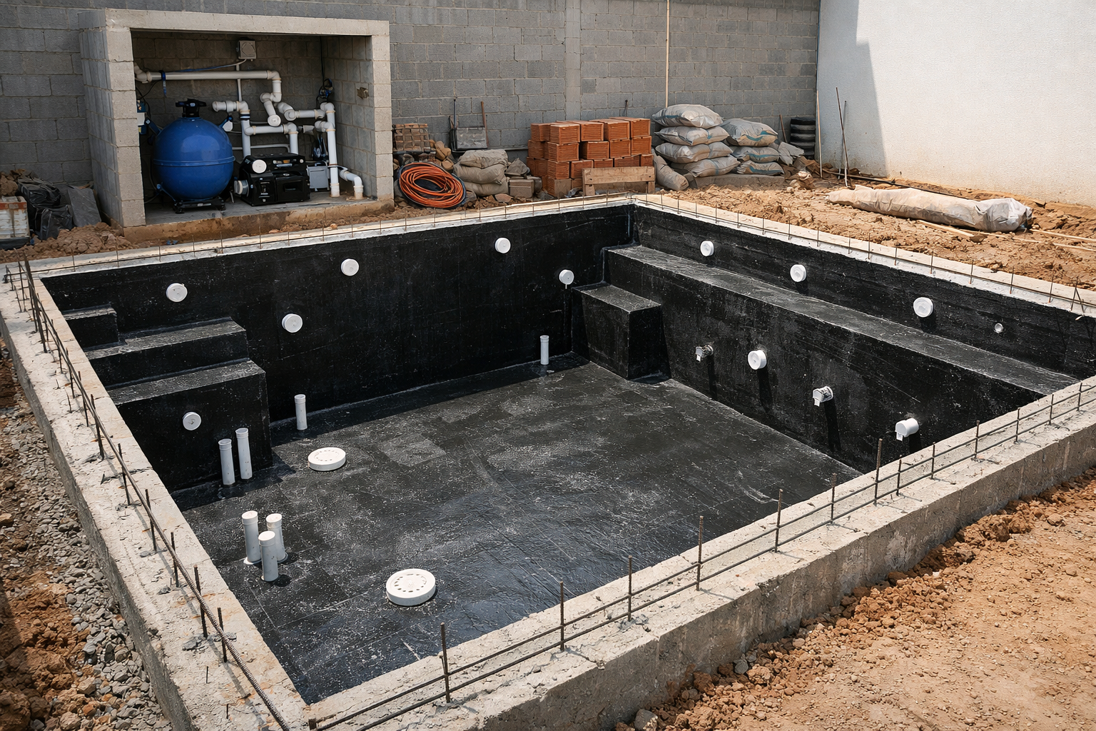 Obra de piscina de alvenaria com ferragens, tubulação hidráulica e técnicos medindo a estrutura