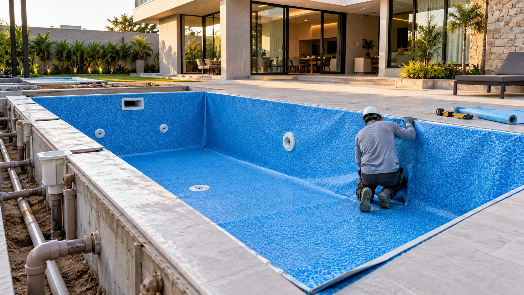 Piscina residencial em construção com revestimento de vinil azul, técnico conferindo a borda e dispositivos hidráulicos instalados
