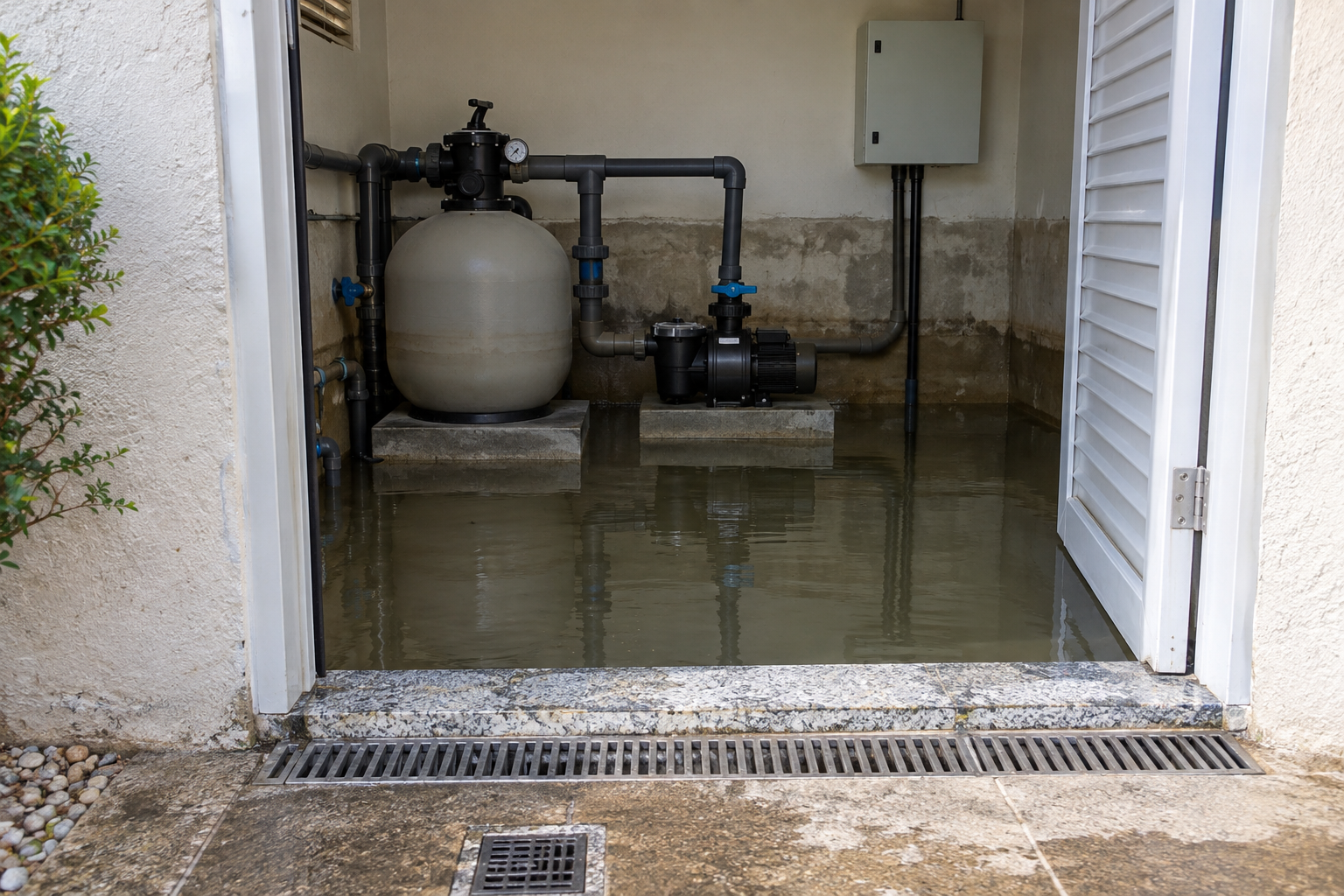 Casa de máquinas de piscina inundada com drenagem, bomba, filtro e quadro elétrico protegido.