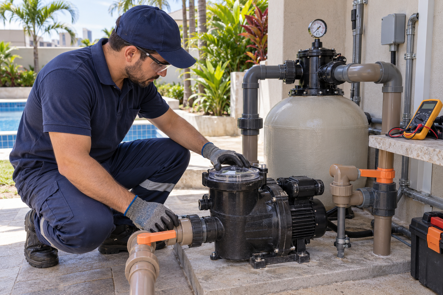 Técnico verificando bomba, pré-filtro, registros e manômetro de uma piscina