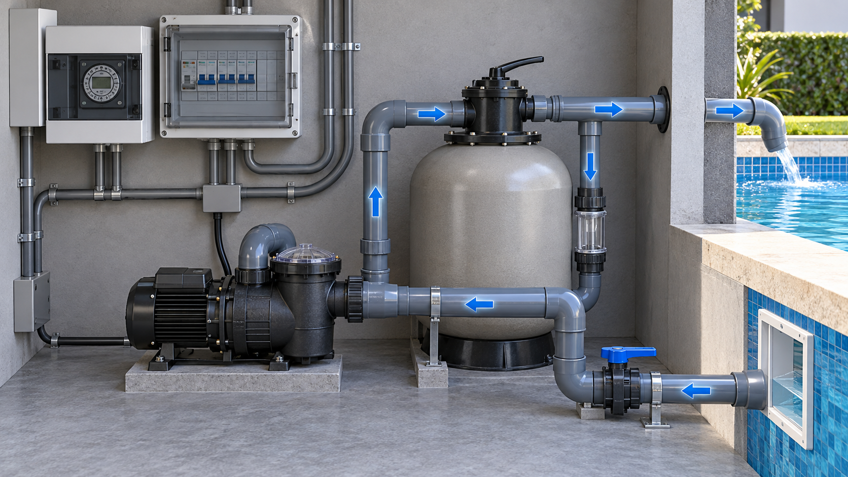 Diagrama técnico de circulação e bomba de piscina