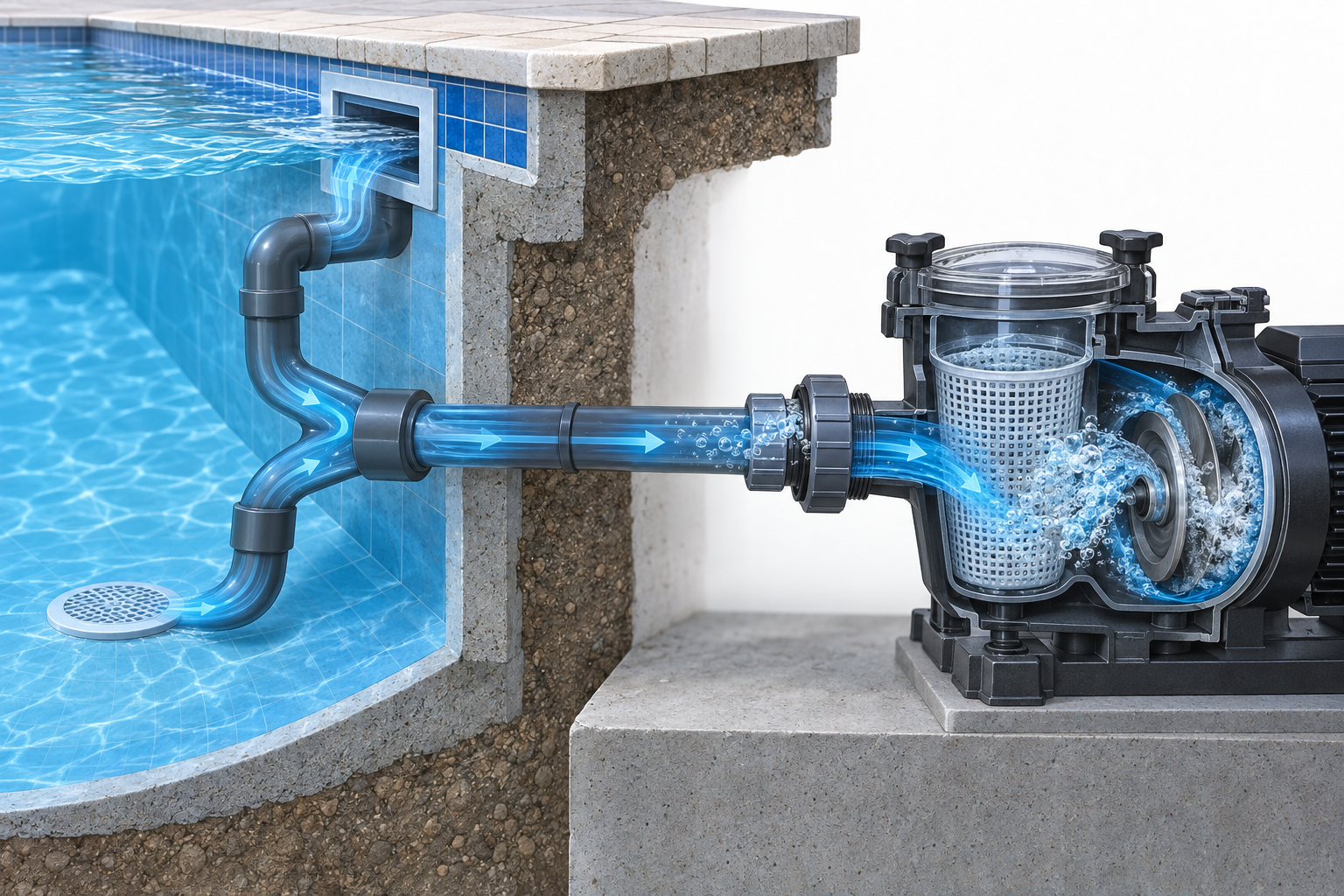Diagrama conceitual do fluxo de sucção e formação de bolhas próximo ao impulsor da bomba