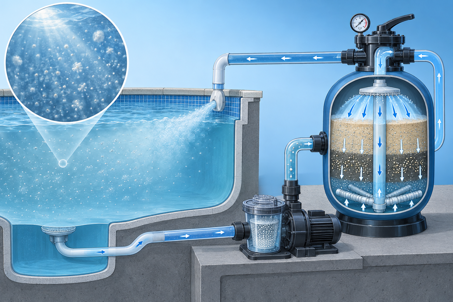 Diagrama de filtragem de água leitosa em piscina