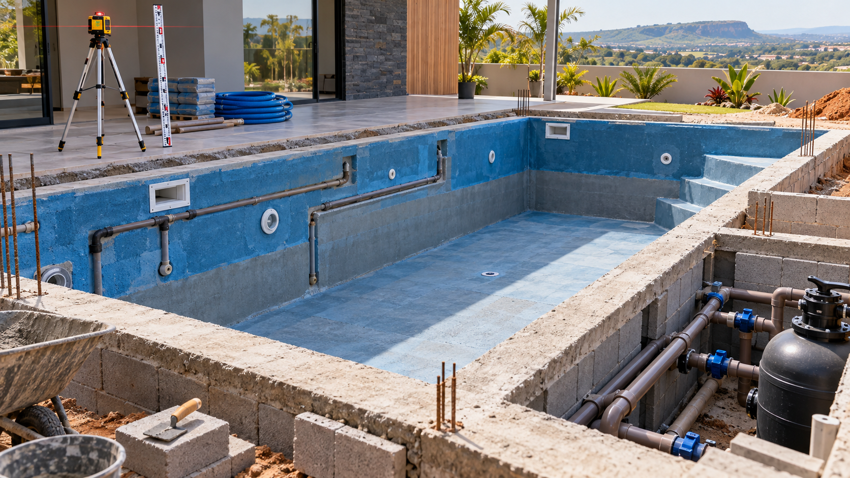 Estrutura de alvenaria e hidráulica de piscina em construção em Santa Isabel
