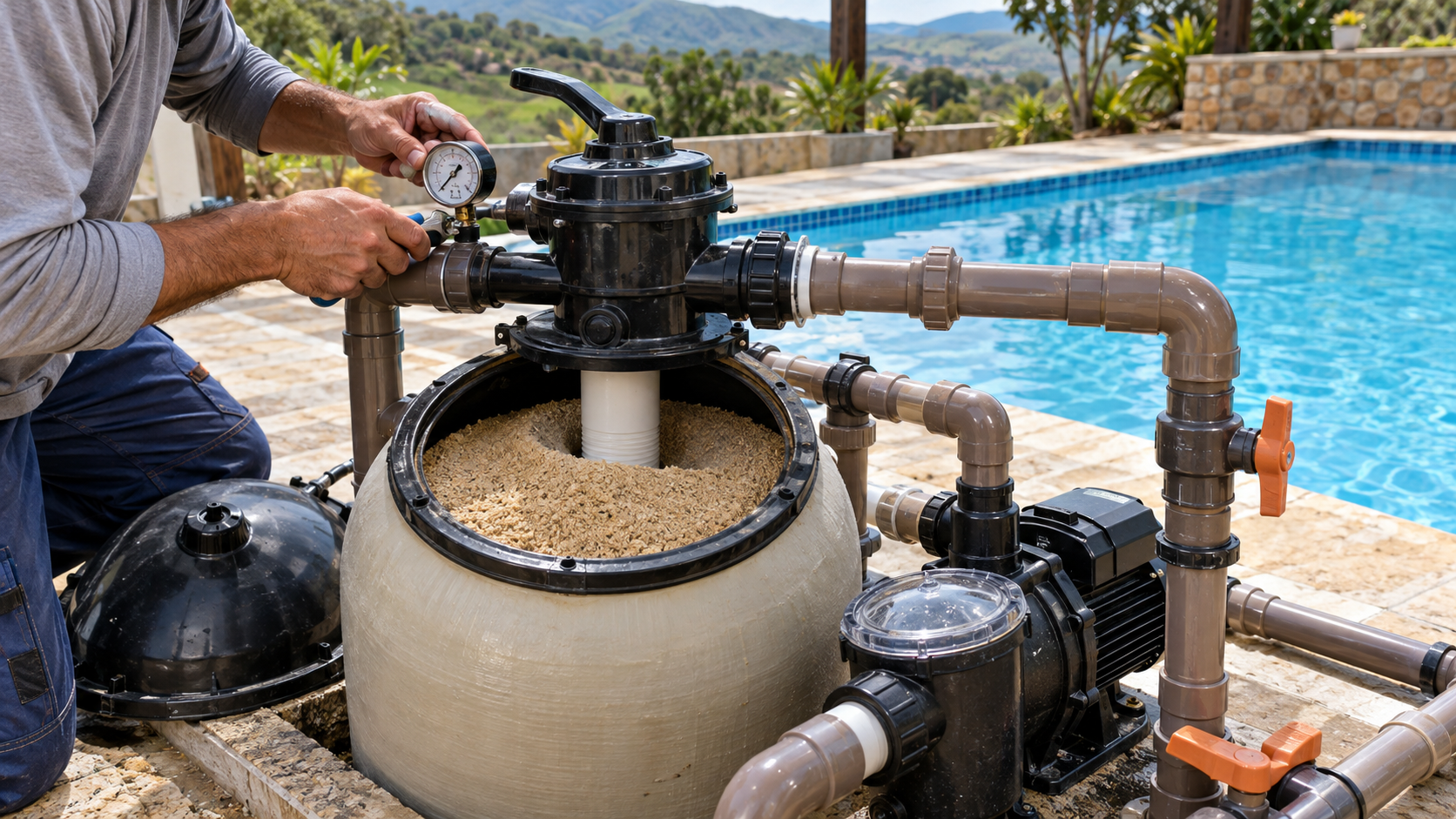 Técnico inspecionando filtro de areia aberto, bomba, manômetro, válvula e tubulações junto a uma piscina