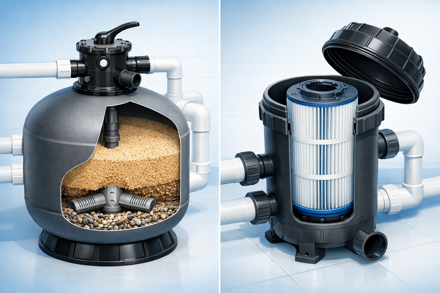 Comparação visual entre filtro de areia e filtro de cartucho para piscina