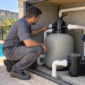 Técnico conferindo filtro de areia, bomba, manômetro, válvulas e tubulações na casa de máquinas de uma piscina
