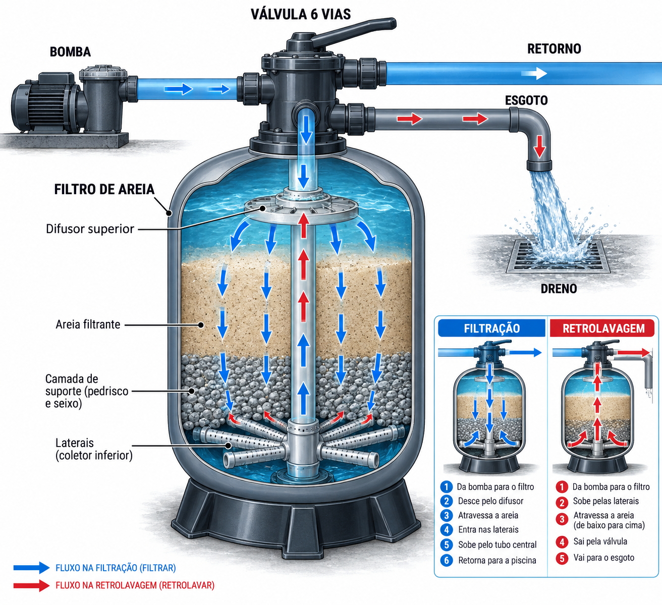 Diagrama técnico do fluxo de filtração e retrolavagem até o dreno do filtro de piscina
