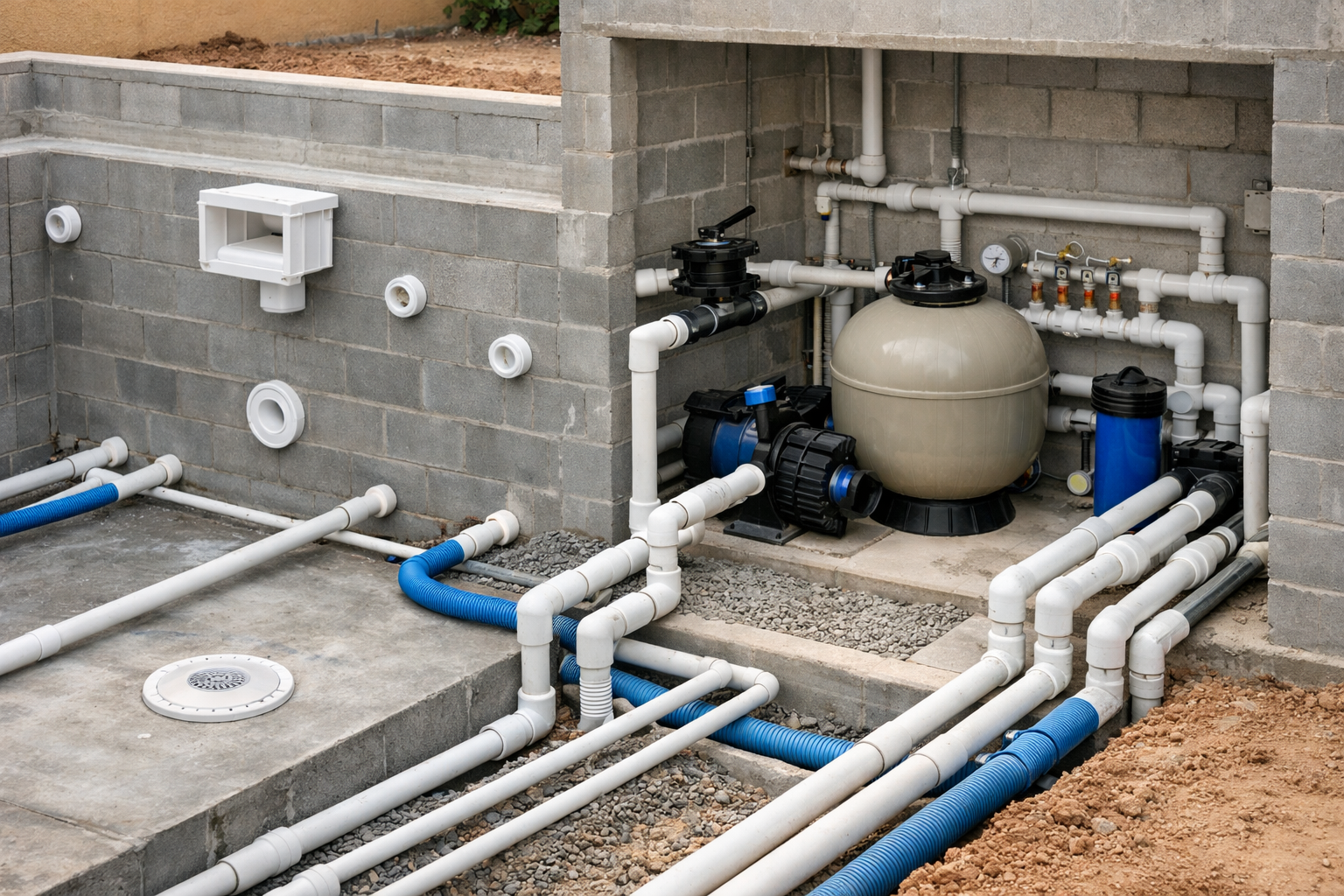 Hidráulica de piscina com filtro, bomba e tubulações