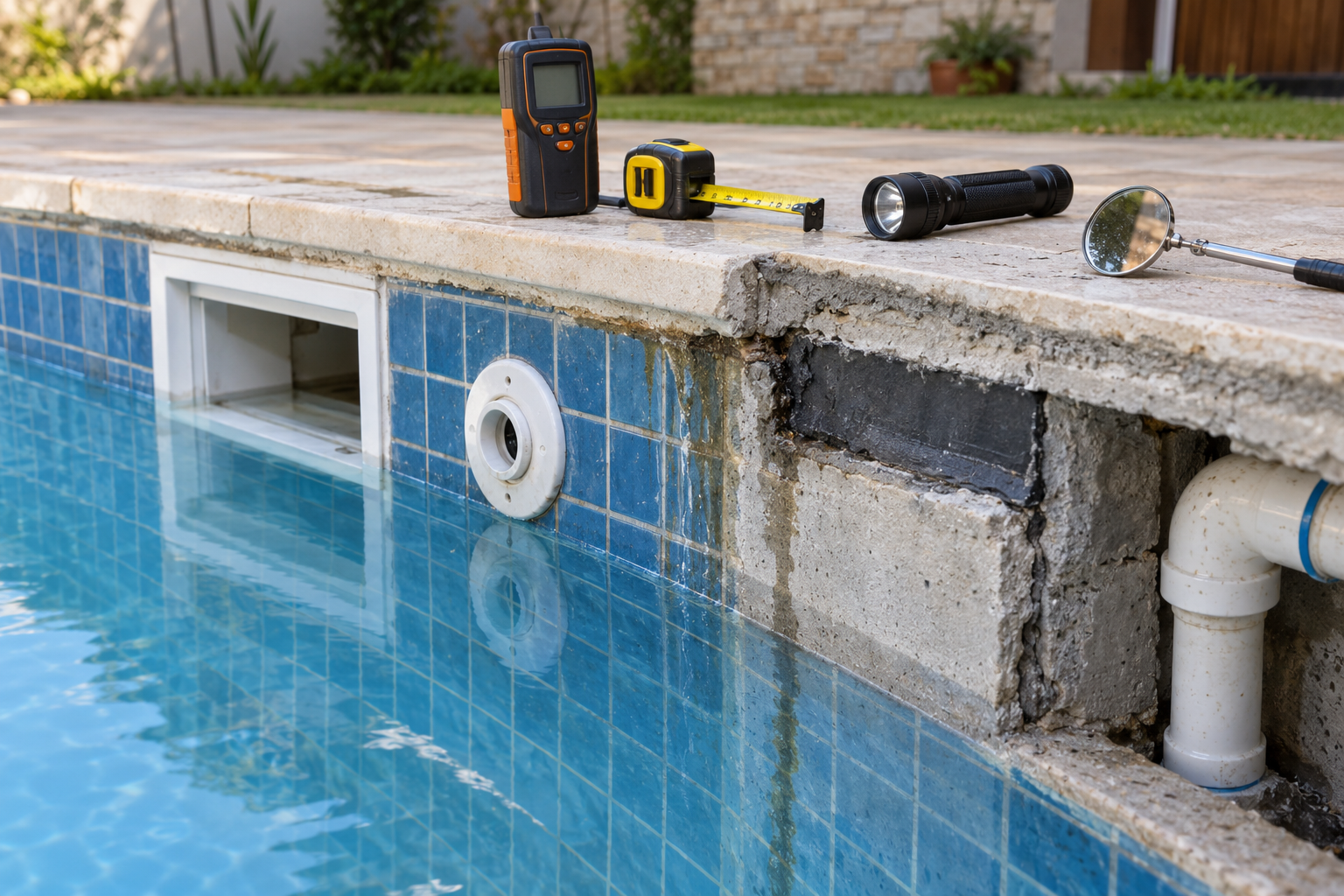 Inspeção de skimmer e retorno em piscina de alvenaria com concreto e impermeabilização expostos