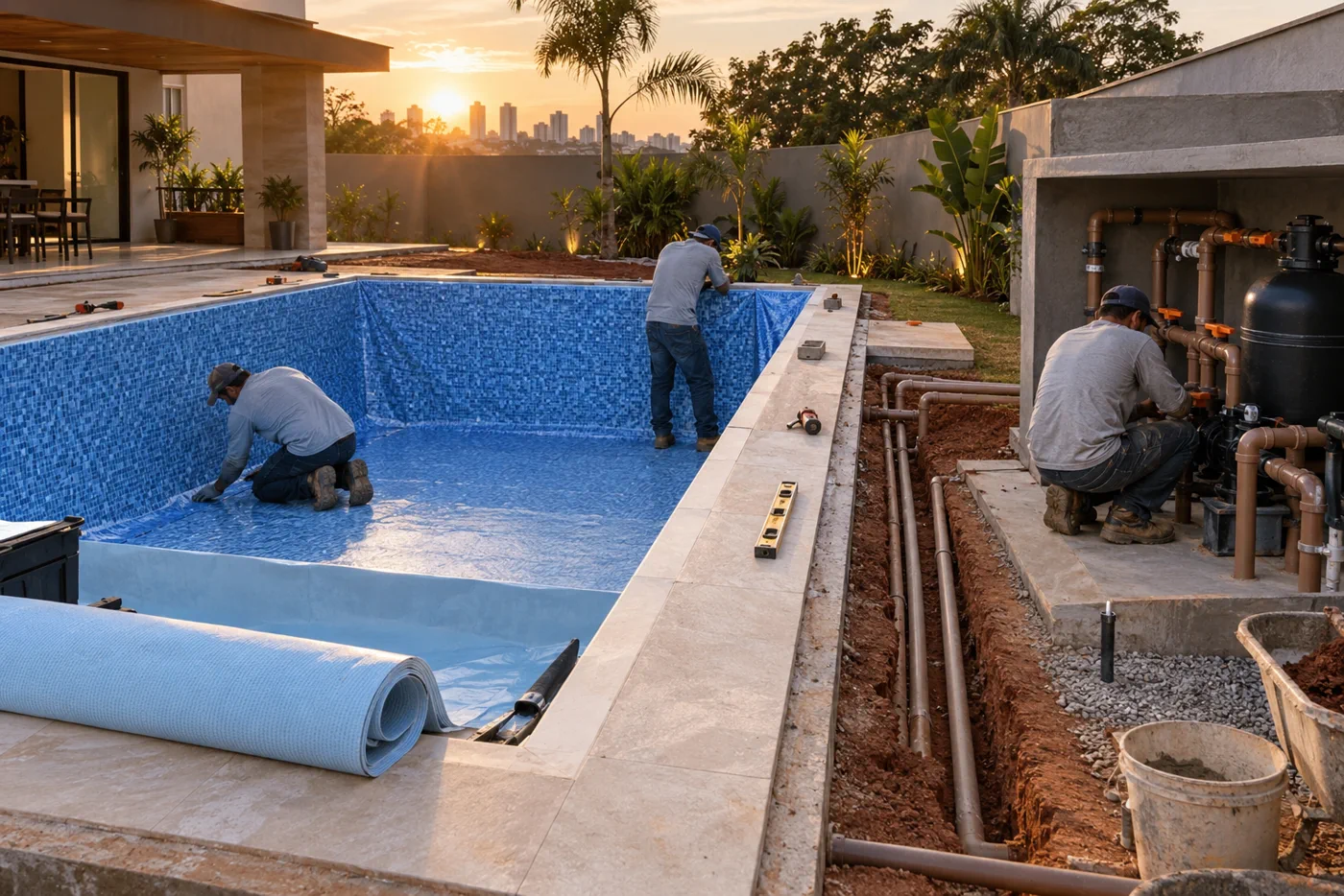 Técnico conferindo tubulações registros e pré-filtro de piscina em Goiânia
