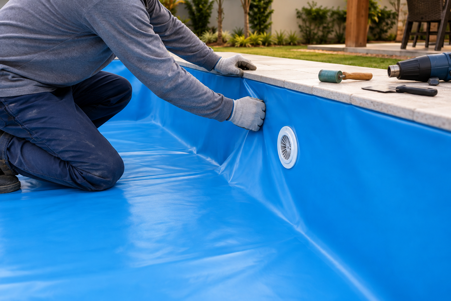 Profissional ajustando revestimento vinílico azul na borda de uma piscina em Trombas