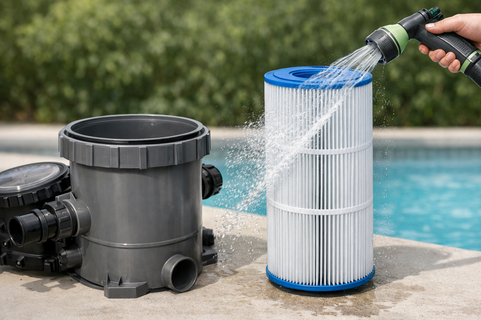 Limpeza manual de cartucho filtrante de piscina com água corrente e cuidado nas pregas